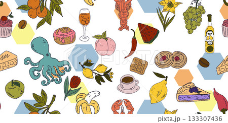 A vibrant seamless pattern featuring food and drink: sweets, fruits, seafood, baked goods, and beverages, all hand-drawn in a sketchy style. Fun, playful, and perfect for packaging and textiles. 133307436