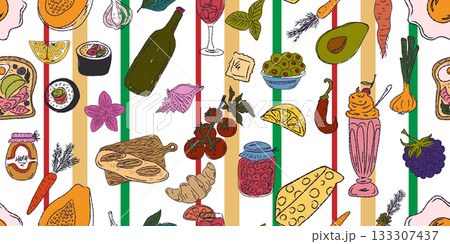 A vibrant seamless pattern featuring food and drink: sweets, fruits, seafood, baked goods, and beverages, all hand-drawn in a sketchy style. Fun, playful, and perfect for packaging and textiles. 133307437