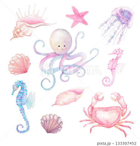 Watercolor sea animals composition with octopus and shells 133307452