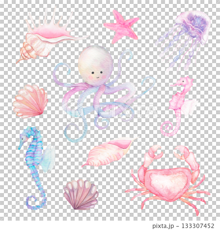 Watercolor sea animals composition with octopus and shells 133307452