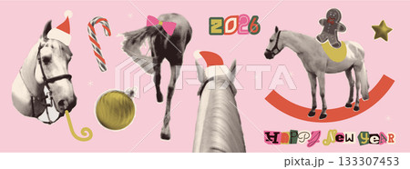 New year of Horse halftone collage elements set. Vintage cut out of magazine paper shapes with dotted texture. Horses, candy cane, xmas tree bauble and lettering, Modern retro vector illustration 133307453