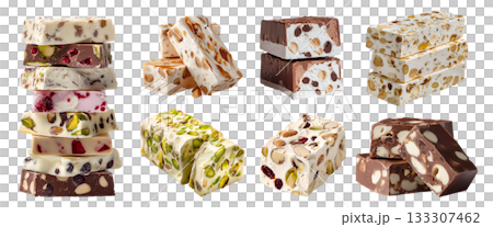 Set of Nougat, chewy hard sweet confection paste candy, nuts fruit flavour, pile stack broken cube bar, transparent cutout PNG. Many different flavor. Mockup template design. 133307462