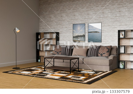 The furniture is arranged neatly in a living room setting The furniture is arranged neatly in a living room setting 133307579