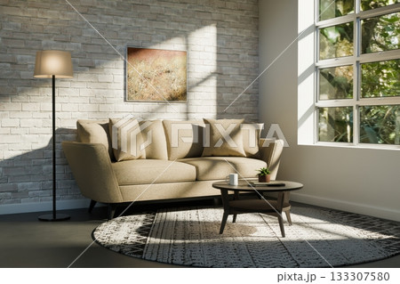 The room features a beige two-seater sofa with several cushions 133307580