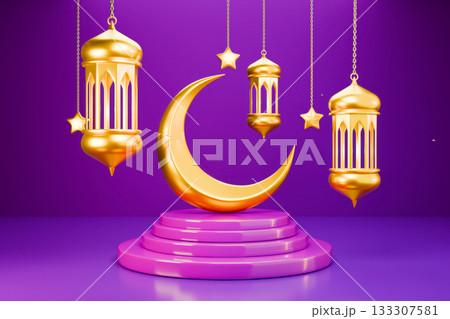 The golden crescent moon and stars are displayed as decorations for Eid Ramadan 133307581