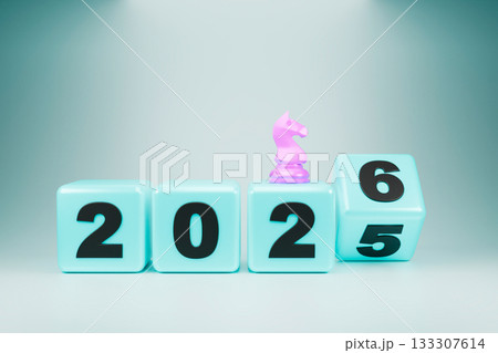 The wooden blocks display the year 2025-2026, with a small chess piece The wooden blocks display the year 2025-2026, with a small chess piece 133307614