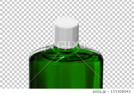 【切り抜き透過背景素材】スクリューキャップを閉めた育毛剤の緑色半透明のボトル 133308043