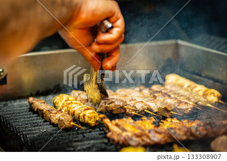 Grilled Kebab From Fresh Meat Pork Cooking On Metal Skewer Outdoors grill steak 133308907