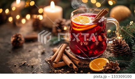 Warm and Cozy Holiday Drink Served With Spices and Fruits in a Festive Setting 133309100