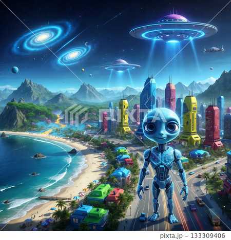 Beautiful futuristic cities amidst stunning natural landscapes Beautiful futuristic cities amidst stunning natural landscapes 133309406