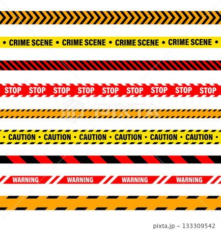 Barricade construction tape. Colorful police warning line, brightly colored danger or hazard stripe, ribbon. Restricted area, zone. Attention symbol. Vector illustration Barricade construction tape. Colorful police warning line, brightly colored danger or hazard stripe, ribbon. Restricted area, zone. Attention symbol. Vector illustration 133309542