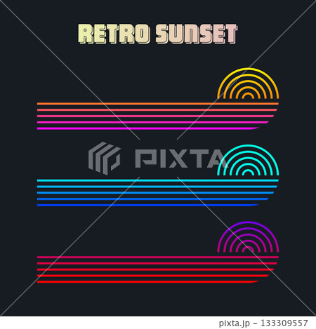 Vintage colorful sunset. Various gradient striped sunrise badges in 80s and 90s style. Sun and ocean view, summer vibes, surfing. Design element for print, logo or t-shirt. Vector illustration 133309557