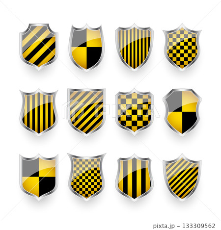 Glossy shields with yellow and black pattern. Security and protection concept. Cyber safety icons, internet privacy, web defense, digital data protection and antivirus themes. Vector illustration 133309562