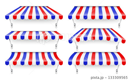 Shop sunshade with metal holder. Realistic striped cafe awning. Outdoor market tent. Roof canopy in French flag colors. Summer street store. Vector illustration Shop sunshade with metal holder. Realistic striped cafe awning. Outdoor market tent. Roof canopy in French flag colors. Summer street store. Vector illustration 133309565
