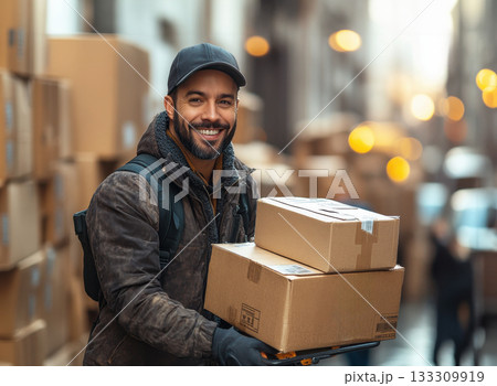 Courier worker uniform and red vest holding cardboard box delivering goods, online shopping concept, calm confident look 133309919