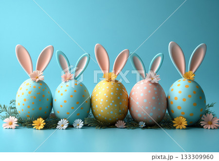 Easter banner, holiday decor, rabbit ears and colorful eggs blue background. Holidays, spring Easter concept, copy space, design greeting cards, art minimalist style. 133309960