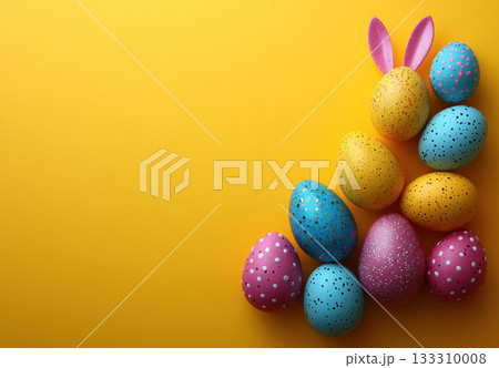 Colorful pastel Easter eggs yellow background. Mockup, frame, copy space, top view, monochrome pastel, flat lay, celebration banner. Holidays concept, 3d rendering Colorful pastel Easter eggs yellow background. Mockup, frame, copy space, top view, monochrome pastel, flat lay, celebration banner. Holidays concept, 3d rendering 133310008