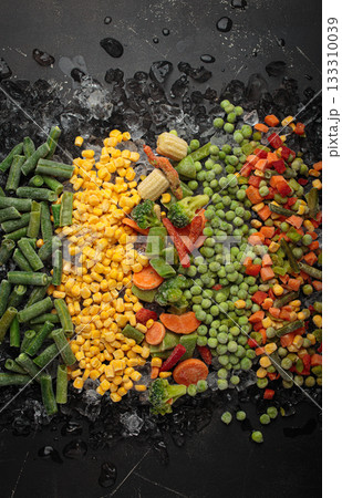Frozen assorted mixed vegetables ice background healthy food diet nutrition Frozen assorted mixed vegetables ice background healthy food diet nutrition 133310039