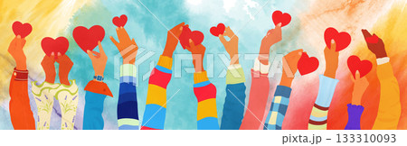 Watercolor raised hands holding hearts to celebrate unity diversity and shared gratitude Watercolor raised hands holding hearts to celebrate unity diversity and shared gratitude 133310093