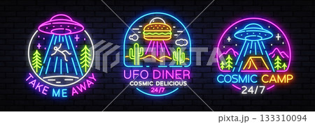 Set of three neon signs featuring UFO themes with text Take Me Away, UFO Diner Cosmic Delicious 24 7, and Cosmic Camp 24 7. Bright glowing icons in retro style. Vector illustration Set of three neon signs featuring UFO themes with text Take Me Away, UFO Diner Cosmic Delicious 24 7, and Cosmic Camp 24 7. Bright glowing icons in retro style. Vector illustration 133310094