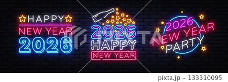 Collection of glowing neon compositions for 2026 with stars, champagne, and circular festive accents. Stylish designs for cheerful New Year visuals. Vector illustration Collection of glowing neon compositions for 2026 with stars, champagne, and circular festive accents. Stylish designs for cheerful New Year visuals. Vector illustration 133310095