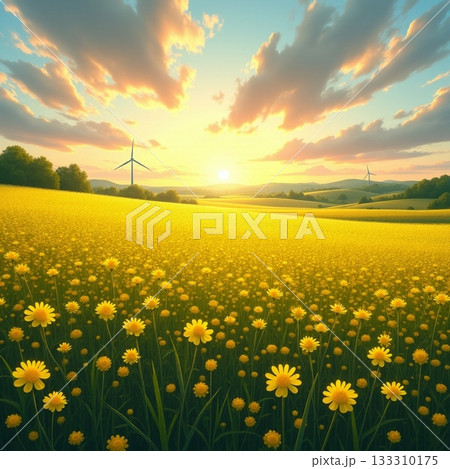 Bright flowers under a vibrant sunset with wind turbines Generative AI Bright flowers under a vibrant sunset with wind turbines Generative AI 133310175