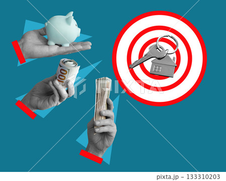 Hands with cash and savings aiming at house keys. Home ownership and financial planning. 133310203