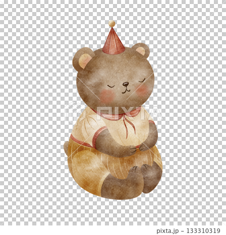 Bear teddy watercolor illustration in vintage costume, party hat on isolated background. Hand-drawn cute toy animal in childish retro style for greeting cards, posters, invitations, baby nursery decor 133310319