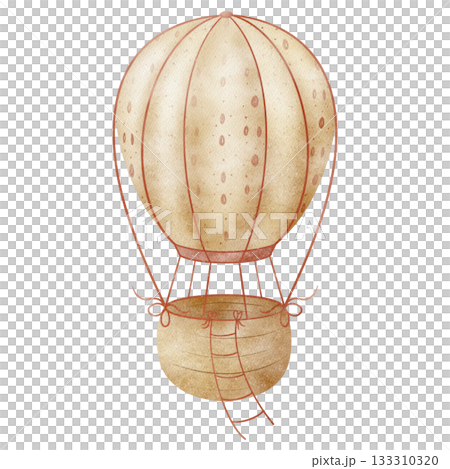 Hot air balloon watercolor illustration beige colors, red strings in vintage style. Hand drawn children's flying transport on isolated background. Cute design for newborns cards posters, nursery decor Hot air balloon watercolor illustration beige colors, red strings in vintage style. Hand drawn children's flying transport on isolated background. Cute design for newborns cards posters, nursery decor 133310320