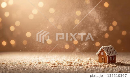 柔らかなブラウンのクリスマス背景 – ジンジャーブレッドハウスと粉クッキーの舞い 柔らかなブラウンのクリスマス背景 – ジンジャーブレッドハウスと粉クッキーの舞い 133310367