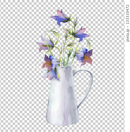 A bouquet of bluebells in a white jug. Watercolor illustration with blue wildflowers on an isolated background. Floral arrangement for postcards, invitations and rustic design. A bouquet of bluebells in a white jug. Watercolor illustration with blue wildflowers on an isolated background. Floral arrangement for postcards, invitations and rustic design. 133310472