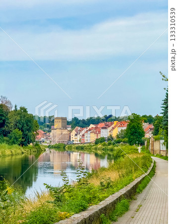 Cityscape of Zgorzelec, Poland, with river reflection and colorful houses 133310539