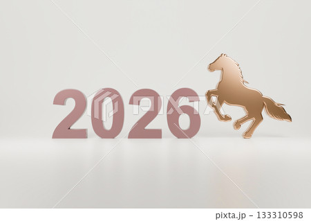 The brown horse silhouette is posed dynamically next to the number 2026 The brown horse silhouette is posed dynamically next to the number 2026 133310598