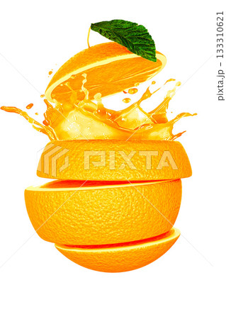 an orange being sliced with juice splashing out on white background 133310621