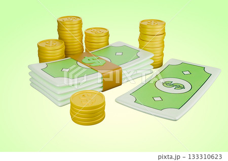 The toy money and coins are on a surface The toy money and coins are on a surface 133310623
