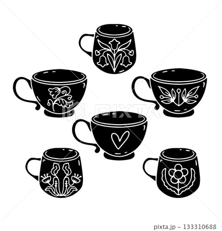 Set of hand drawn hygge coffee or tea decorated mugs silhouette icons 133310688