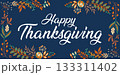 Hand drawn Happy Thanksgiving typography in autumn wreath banner. Celebration text with berries and leaves for postcard, icon or badge. Vector calligraphy lettering holiday quote 133311402