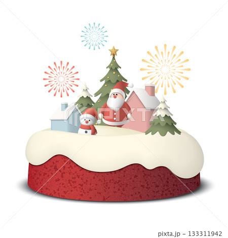 Red velvet bundt cake isolated have 3D miniature model of Winter Wonderland on top Red velvet bundt cake isolated have 3D miniature model of Winter Wonderland on top 133311942