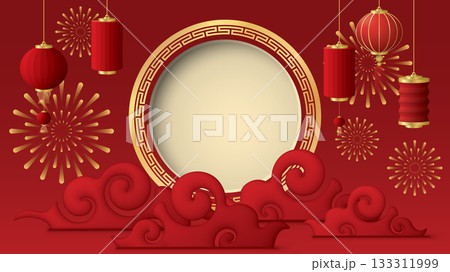 Blank 3D golden circle frame with clouds, fireworks and paper lanterns Chinese style on red background. 133311999