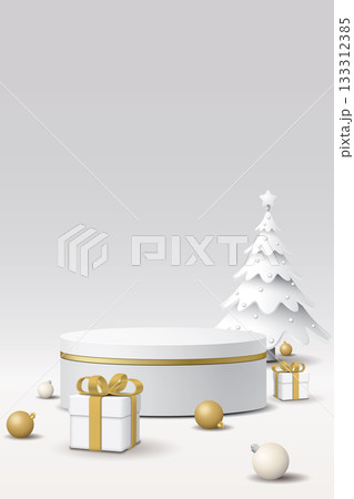 3D blank podium with decorated white Christmas tree and element on light gray vertical background graphic illustration. 3D blank podium with decorated white Christmas tree and element on light gray vertical background graphic illustration. 133312385
