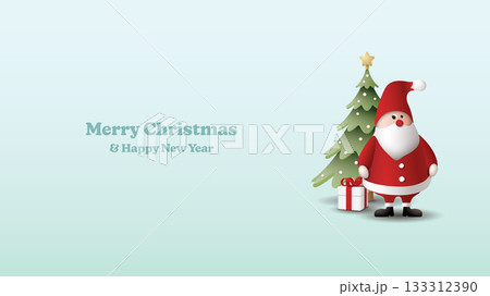 3D cute Santa claus, gift box and decorated Christmas tree with Merry Christmas and Happy New Year calligraphy on light green background graphic illustration have blank space. 133312390