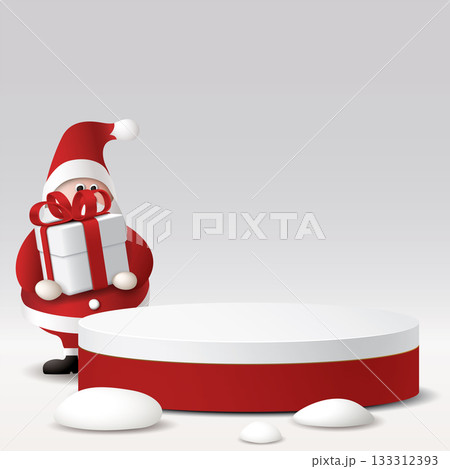 3D red and white rounded podiem with snowdrift and cute Santa Claus holding a big gift box on green square background graphic illustration have blank space for placing product presentation. 3D red and white rounded podiem with snowdrift and cute Santa Claus holding a big gift box on green square background graphic illustration have blank space for placing product presentation. 133312393