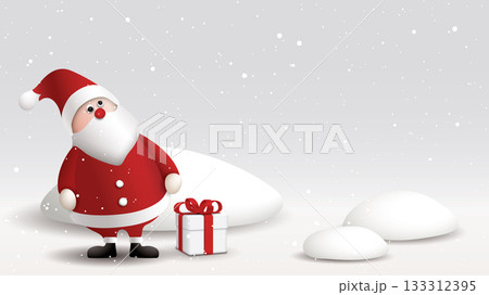 3D cute Santa Claus stands watching snowfall with gift box and snowdrift all around graphic illustration have blank space. 133312395