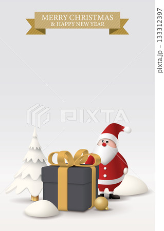 3D cute Santa Claus with Christmas elements and MERRY CHRISTMAS AND HAPPY NEW YEAR calligraphy in golden ribbon on vertical background graphic illustration have blank space. 3D cute Santa Claus with Christmas elements and MERRY CHRISTMAS AND HAPPY NEW YEAR calligraphy in golden ribbon on vertical background graphic illustration have blank space. 133312397