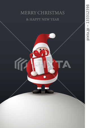 MERRY CHRISTMAS AND HAPPY NEW YEAR calligraphy and 3D cute Santa Claus holding a big gift box stands on snowdrift with night sky vertical background graphic illustration have blank space. 133312398