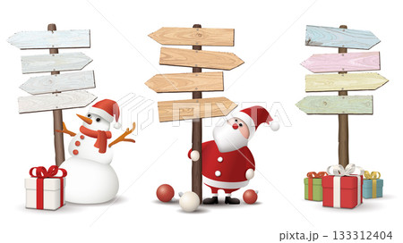 Set of blank wooden direction sign isolated with 3D cute Christmas's elements decorated graphic illustration. 133312404
