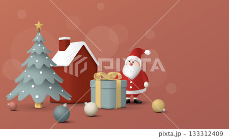 3D miniature model of Winter Wonderland with Santa Claus, gift box and decorated Christmas tree pastel colors graphic illustration have blank space. 3D miniature model of Winter Wonderland with Santa Claus, gift box and decorated Christmas tree pastel colors graphic illustration have blank space. 133312409