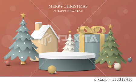 Blank rounded podium with 3D miniature model of christmas elements pastel colors graphic illustration. 133312410
