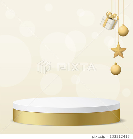 3D blank golden podium display have Christmas balls, star and gift box hanging above with square background graphic illustration. 133312415