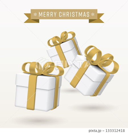 3D gift boxes floating in the air with Merry Christmas calligraphy in golden ribbon on square background graphic illustration. 3D gift boxes floating in the air with Merry Christmas calligraphy in golden ribbon on square background graphic illustration. 133312418